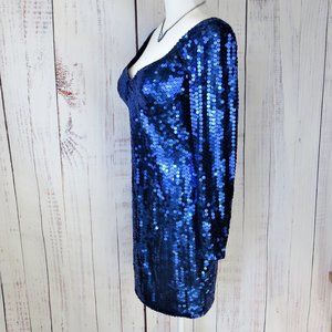 Blue Sequin Holiday Party Dress Vintage Cocktail Dress Sequin w/Jewelry ...1124